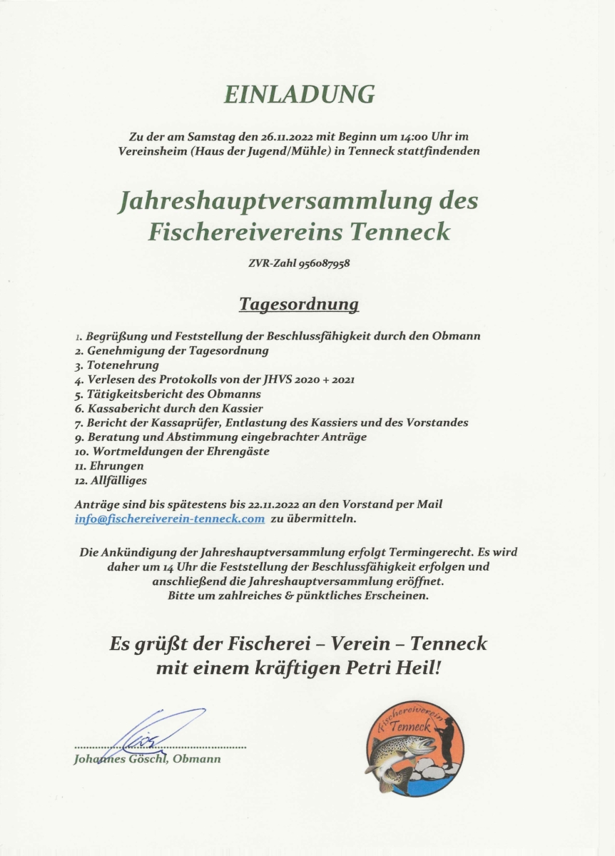 jahreshauptversammlung fischereiverein Tenneck